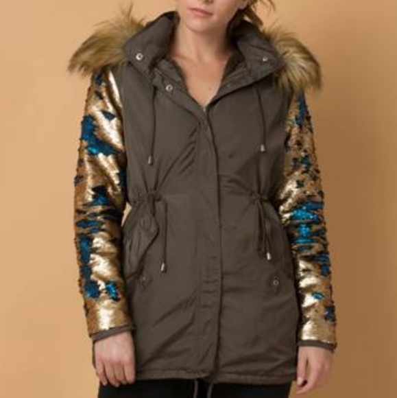 Olive Parka with Sequin Sleeves - Picture 2 of 4